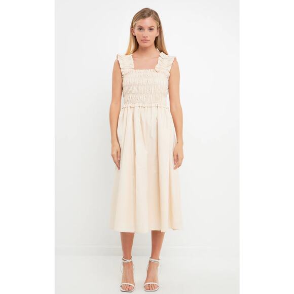 English Factory Smocked Midi Dress Medium Cream Ruffle Cottagecore Minimalist - Picture 1 of 15